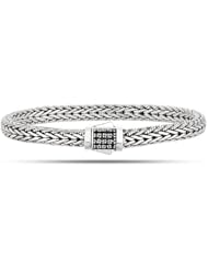 Rhodium Plated Weave Black Sapphires Bracelet In Sterling Silver With Textured Edges