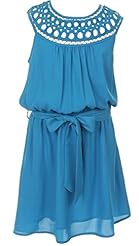 Girls Elasticized   Waistline Tea Length Chiffon  Dress With a Sash 