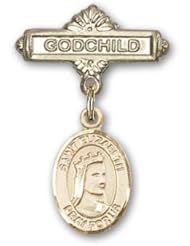 14kt Gold Baby Badge with St. Elizabeth of Hungary Charm and Godchild Badge Pin. Catholic Saint Elizabeth of Hungary Patron Saint of Bakers, Nursing Services, Falsely Accused