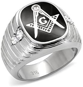 Men's Stainless Steel Onyx & Cubic Zirconia Masonic Ring