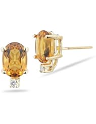 0.02 Cts Diamond & 1.60 Cts of 7x5 mm AA Oval Citrine Stud Earrings in 14K Yellow Gold-Screw Backs