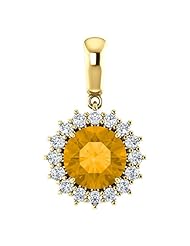 14K Yellow Gold 8.00mm Round Cut Citrine and Diamond Pendant -- LIFETIME WARRANTY