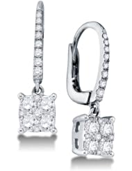 18K White Gold Round Brilliant Cut Diamond - Square Princess Shape Invisible & Channel Set Dangle Earrings - (.83 cttw.)