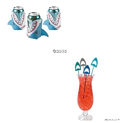 Awesome SHARK PARTY Decorations - 6 Can Coolers & 25 Swizzle Sticks - DRINK Stirrers - SHARK WEEK Decor - TANK Cocktail PARTIES