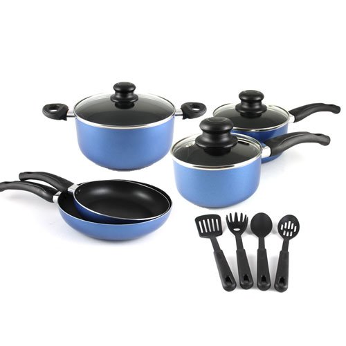 Taioor Aluminum Non-Stick 12 Pieces Cookware Set - Lidded Saucepan - Lidded stockpot - Skillets - Slotted Turner - Slotted Spoon Included - TR-12PC-SET1 - Blue Red (Blue) product image