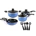 Taioor Aluminum Non-Stick 12 Pieces Cookware Set, Lidded Saucepan, Lidded stockpot, Skillets, Slotted Turner, Slotted Spoon Included, TR-12PC-SET1, Blue/Red (Blue)