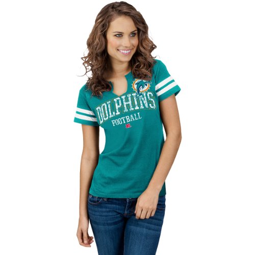 NFL Women's Miami Dolphins Go for Two Short Sleeve Split Crew Neck Tee (Aqua/White, X-Large)