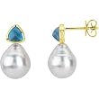 14K Yellow Gold Paspaley South Sea Cultured Fine Circle Pearl and London Blue Topaz Earrings - 11.00mm