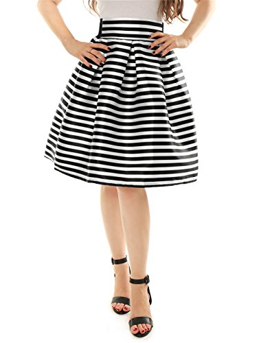 Allegra K Women Striped High Waist Pleated A-Line Midi Skirt