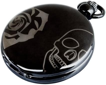 Hydia Pocket Watch Smooth Black Rose and Skull Design Quartz Pocket Watch Chain Black Dial