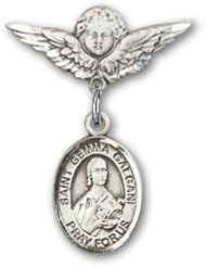 Sterling Silver Baby Badge with St. Gemma Galgani Charm and Angel with Wings Badge Pin