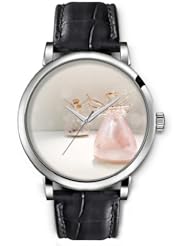 SPRAWL Aanalog Fashion Series Silver Ladies Watches of Genuine Black Leather Strap,Unique Wrist Watch for Women Girls Designed with Lindos bottles angels