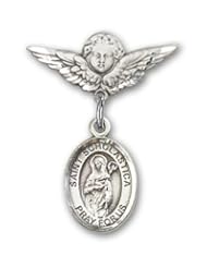 Sterling Silver Baby Badge with St. Scholastica Charm and Angel with Wings Badge Pin