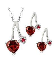2.02 Ct Heart Shape Red Garnet Gemstone Sterling Silver Pendant Earrings Set
