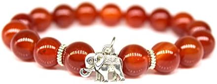 BYGZB Girlfriend Gift Natural Gemstone Handmade 10mm Red Agate Beads Bracelet with Lucky Elephant