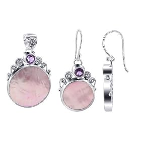 AFST024 Amethyst and Mother of Pearl Sterling Silver Designer Earrings and Pendant Jewelry Set
