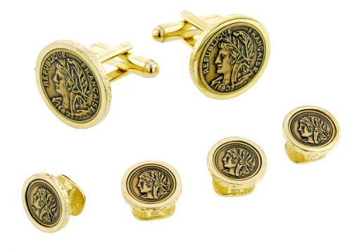 Gold plated slight antique finish faux french coin cufflinks and shirt studs set with presentation box. Made in the USA