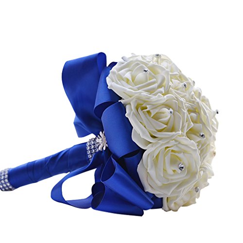 Sarahbridal Royal Blue Crystal Pearl Silk Rose Bridal Wedding Bouquet WF001