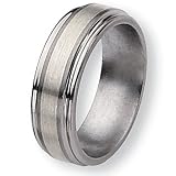 Sterling Silver Inlaid Grooved Edge Brushed & Polished Titanium Ring (8.0 mm) With Wood Box - Sizes 8.5-12