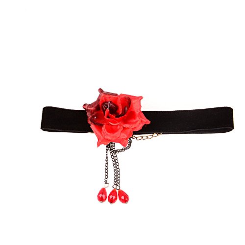Yazilind Pretty Women Red Flower Brass Chain Crystal Beads Black Pendant Choker Necklace