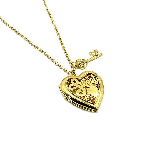 Gold Sweet Heart Locket and Key Charm Necklace