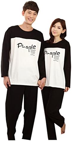 KM Couple Pure Cotton Pyjamas Long Sleeves Nightwear Set #3 Black&amp;White (Female M)