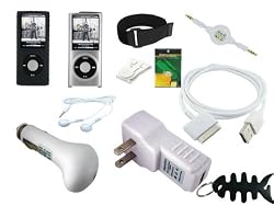 iShoppingdeals- 11 items Premium Bundle Kit for Apple ipod Nano Chromatic 4th Generation 8GB,16GB Series ,Includes: (Universal Car Charger + Universal Wall Charger +Straight usb cable + Black Silicone Case +Clear Hard Crystal Case + 3.5mm~3.5mm White Retractable Auxiliary cable +Adjustable Armband + Blet Clip +White Stereo Headset + Screen Protector + Fishbone Style Keychain)