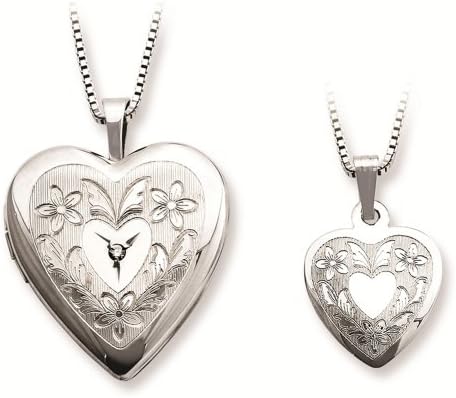 Sterling Silver Polished & Satin Finish Solitaire Diamond Floral Design Heart Locket Pendant Necklace Set