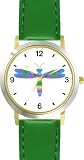 Multicolored No.4 Dragonfly or Dragon Fly - JP - WATCHBUDDY&reg; DELUXE TWO-TONE THEME WATCH - Arabic Numbers - Green Leather Strap-Size-Children's Size-Small ( Boy's Size & Girl's Size )