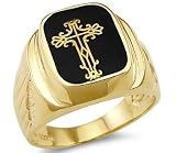 New Solid 14k Yellow Gold Mens Unique Onyx Cross Ring