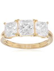 18k Yellow Gold Plated Sterling Silver Princess Cut Diamond Simulant Yesterday, Today, Tomorrow 3-Stone Ring, (4.02 cttw), Size 7