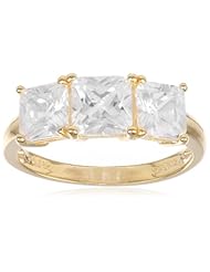 18k Yellow Gold Plated Sterling Silver Princess Cut Diamond Simulant Yesterday, Today, Tomorrow 3-Stone Ring, (4.02 cttw), Size 8