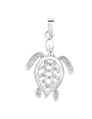 Silver Rhodium Finish Shiny Turtle Sea Life Pendant With White Cubic Zirconia
