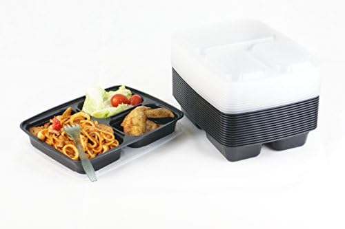 PerfectoChef Bento Box 10-Pack Set, Large and Handy Food Containers with Dividers, Include Black Tray and Transparent Lid with 3 Compartments , Perfect Lunch Box