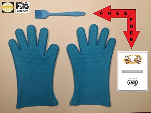 XL Size Silicone Gloves for BBQ/Smoker/Oven/Kitchen/Gift Set #1 Heat Resistant Silicone BBQ Gloves for XL Hands--PLUS 2 FREE BONUSES: Matching Solid Basting Brush 6.99 value + Grilling eGuide (BlueXL)