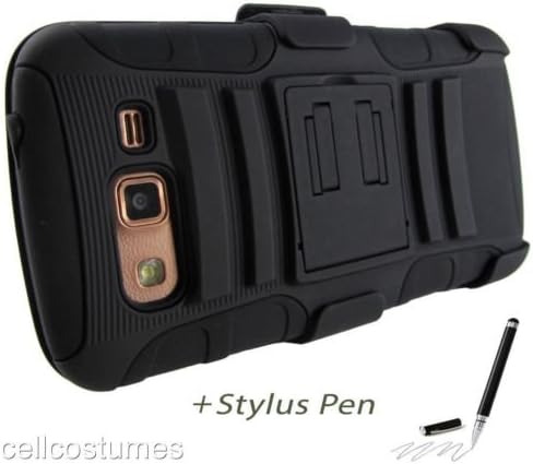 Black Heavy Duty Rugged Armor Hybrid Case Cover w/ Belt Clip Holster for Samsung Galaxy Grand 2 G7102/G7105 + Stylus Pen [In CellCostumes Retail Packaging]