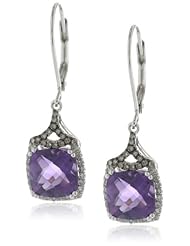 Badgley Mischka Fine Jewelry Sterling Silver White and Champagne Diamonds Large Cushion Cut Amethyst Earrings