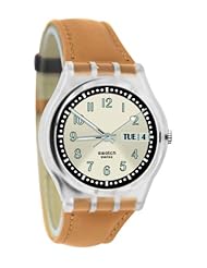Swatch GE700 croissant chaud silver dial beige pig skin leather strap unisex watch NEW