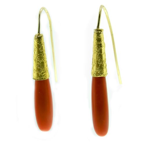 Childrens Toyshop  Jewelry : 22K Gold Italian Red Coral Drop Earrings by Suz Andreasen Couture, MADE IN AMERICA