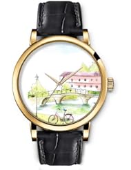 SPRAWL Aanalog Fashion Series Gold Ladies Watches of Genuine Black Leather Strap,Unique Wrist Watch for Women Girls Designed with Drawing city