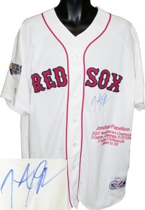 Jonathan Papelbon Autographed/Hand Signed Boston Red Sox White Jersey w/ 2007 WS Patch and Embroider