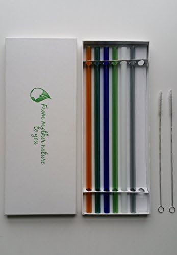 Glass Straws - Reusable Straws - Set of 6 Straws + 2 Brushes - Straight Colored Glass Straws For Smoothie Milkshake, Reusable, Eco-Friendly, Shatter Resistant Pyrex-Glass, No BPA, Non-Toxic