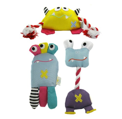 Image of Set of 3 Happy Puppy Plush Pet Toy - Squeaky Monster: Dizzy, Chunky and Polky - Size: Large