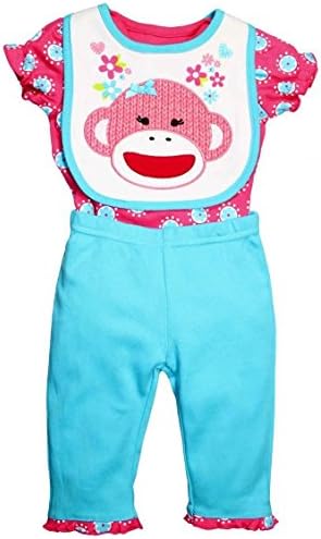 Girls Baby Starters Pink &amp; Blue Flower Ruffle Sock Monkey Outfit &amp; Bib Set