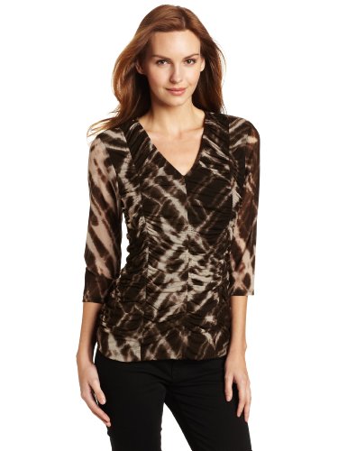 Kenneth Cole Women's Crosshatch Print Mesh Top, Mushroom Combo, X-Large