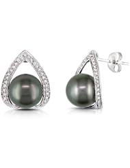 14k White Gold Black Tahitian Pearl and Accent Diamond Ear Pin Earrings (9.0-9.5mm) ( 0.25 Cttw, G-H Color, I2-I3 Clarity)