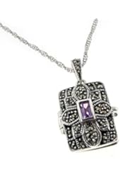 Rectangular Antiqued Photo Locket Pendant - Genuine Amethyst and Marcasite Sterling Silver with 20" Chain Necklace