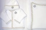 Knitted on Hand Knitting Machine White Cotton Hand Crochet Finished with Beige Chenille Infant Boys Cardigan Hat Set and Large Blanket Size 32 By 45 Inches Trimmed with Basket Ball Patch