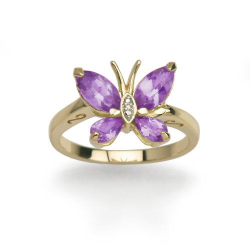 Yellow Gold Plated Sterling Silver Amethyst and Diamond Accent Butterfly Ring