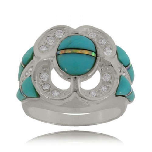 Flower Ring W/ Turquoise Opal & Cz in Sterling Silver